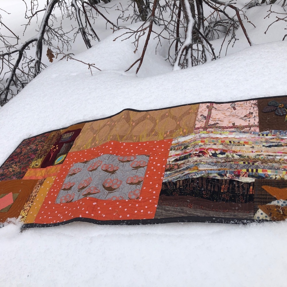 Handcrafted table runner from original art work and fabric, wool, and silk.